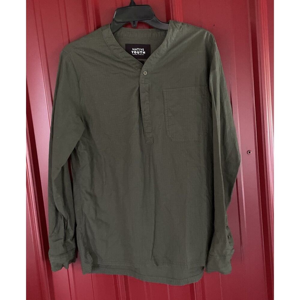 Native Youth Shirt Band Collar Henley‎ Pullover Long Sleeve Ripstop Olive Small